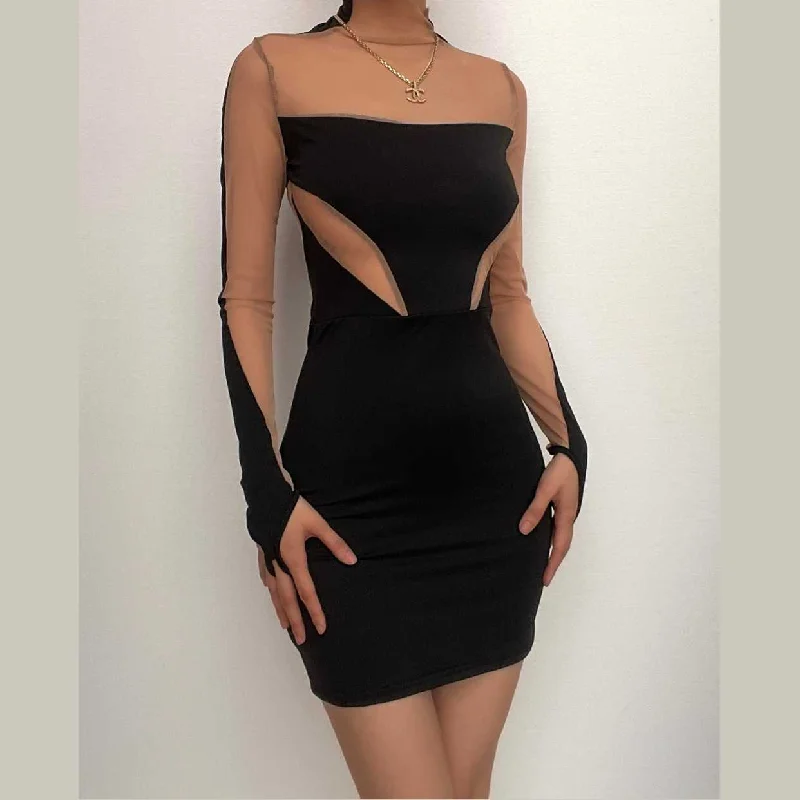 Mesh patchwork contrast gloves high neck mini dress Cozy Cotton Mini Dress
