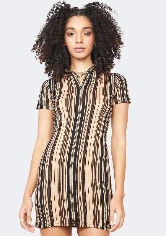 Mixed Stripe Brown Jeeves Mini Dress Trendy Off-Shoulder Dress Mini
