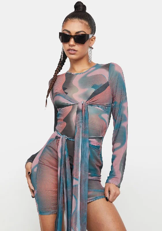 Muted Mood Wavy Print Mini Dress Comfortable Shift Mini Dress
