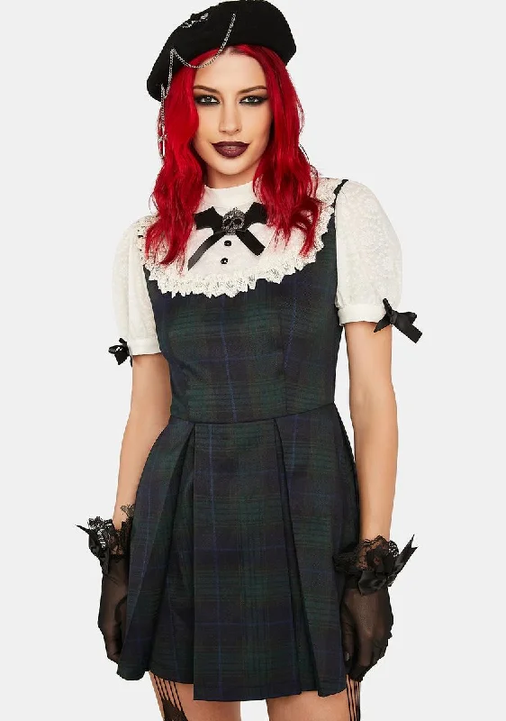 Skull Puff Sleeve Plaid Mini Dress Casual High-Waist Mini Dress