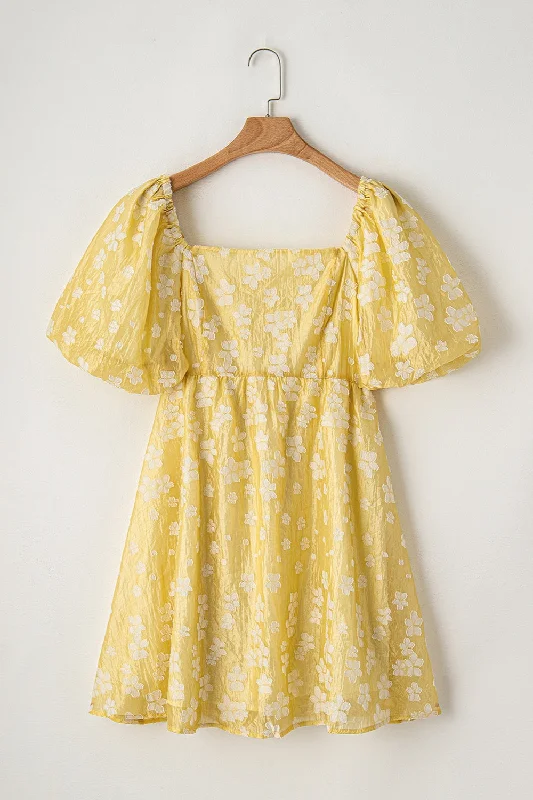 Printed Square Neck Puff Sleeve Mini Dress Comfortable Fit-and-Flare Mini Dress