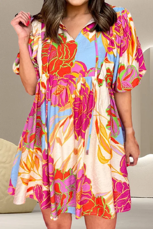 Blue Zone Planet | Printed Tie Neck Half Sleeve Mini Dress Classic Floral Mini Dress Blue Zone Planet | Printed Tie Neck Half Sleeve Mini Dress Classic Floral Mini Dress