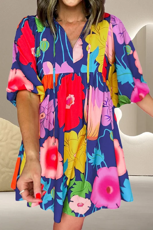 Blue Zone Planet |  Printed Tie Neck Half Sleeve Mini Dress Trendy Tulle Mini Dress