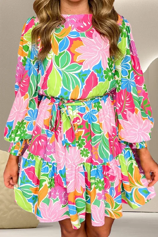 Printed Tie Waist Lantern Sleeve Mini Dress Elegant Lace Mini Dress