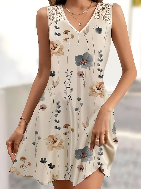Printed V-Neck Sleeveless Mini Dress Comfortable One-Shoulder Mini Dress