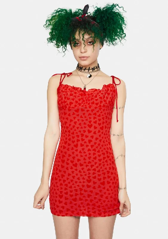 Red Mesh Heart Flock Kalosa Mini Dress Trendy A-Line Mini Dress