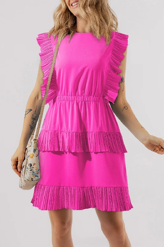 Blue Zone Planet |  Ruched Round Neck Cap Sleeve Mini Dress Trendy Camisole Mini Dress