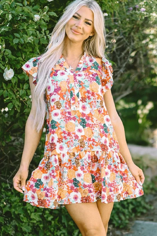 Ruffled Printed Cap Sleeve Mini Dress Cozy Satin Mini Dress