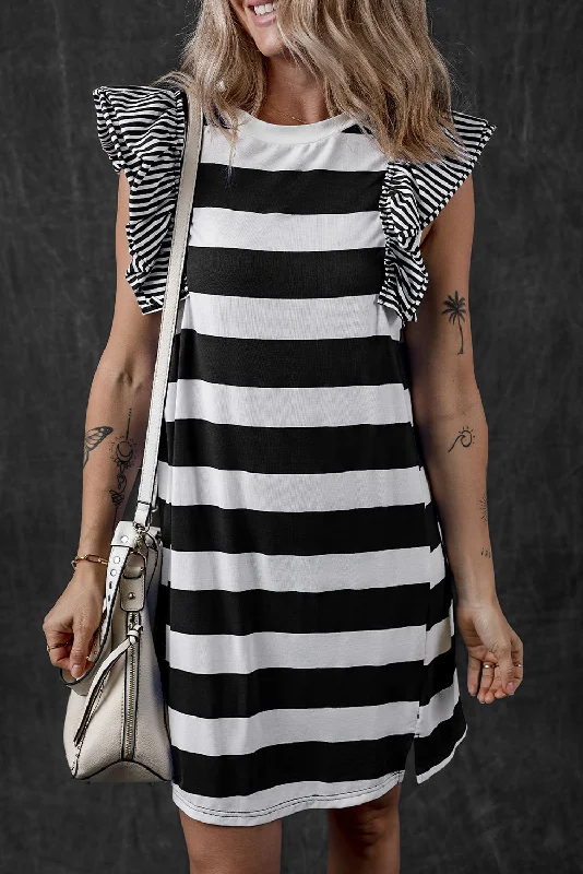 Blue Zone Planet | Ruffled Striped Round Neck Cap Sleeve Mini Dress Classic Casual Mini Dress Blue Zone Planet | Ruffled Striped Round Neck Cap Sleeve Mini Dress Classic Casual Mini Dress