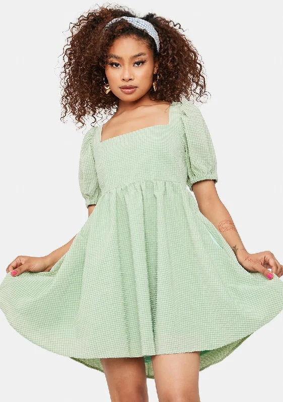 Sage Mellow Mood Puff Sleeve Mini Dress Casual High-Waist Mini Dress