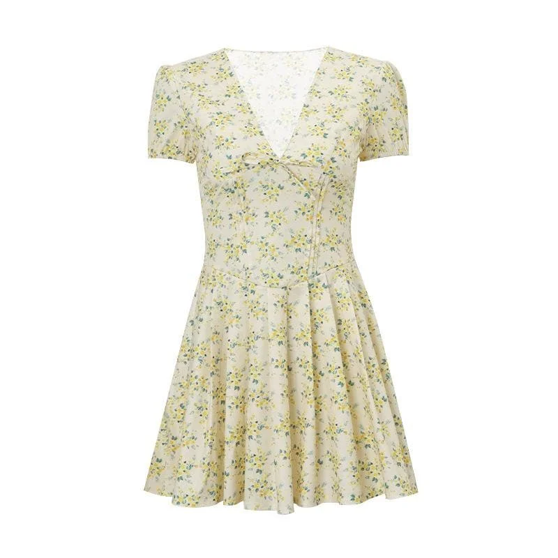 Short puff sleeve print pleated v neck mini dress Fashionable Off-Shoulder Mini Dress