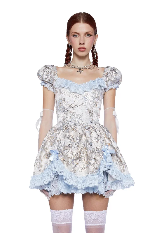 Tea And Circumstance Brocade Mini Dress - Blue Cozy Satin Mini Dress
