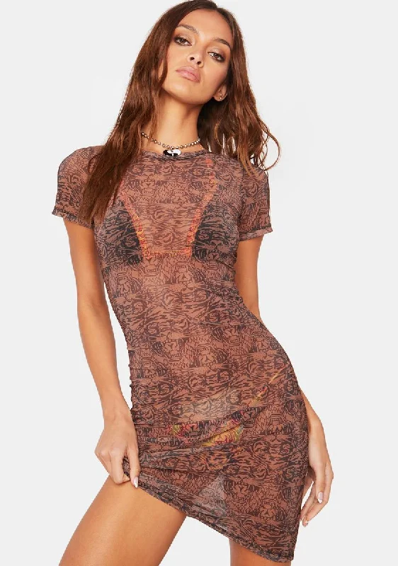 Tiger Print Sheer Mini Dress Elegant Satin Mini Dress