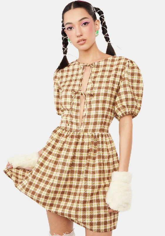 Yellow Brown Check Shirley Mini Dress Classic Floral Print Mini Dress