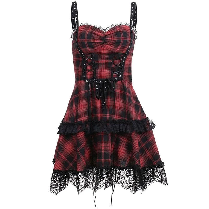 Zip-up lace hem lace up plaid backless mini dress Chic Puff Sleeve Mini Dress