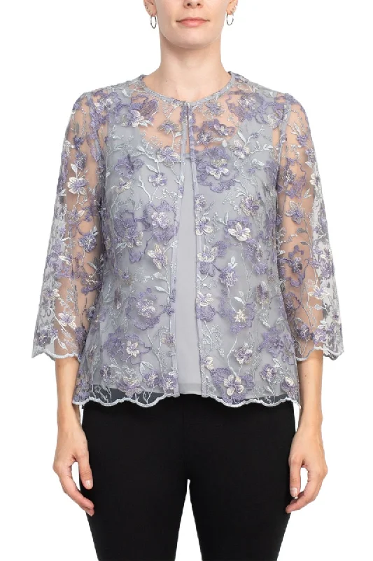 Alex Evenings 3/4 sleeve embroidered twinset with solid cami and hook neck closure jacket Boat Neck Shawl Collar Notched Collar Alex Evenings 3/4 sleeve embroidered twinset with solid cami and hook neck closure jacket Boat Neck Shawl Collar Notched Collar