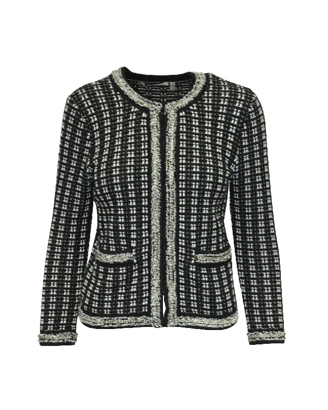 Alice + Olivia Monochrome Tweed Embellished Georgia Jacket in Black Cotton Front Pockets Side Pockets Patch Pockets Alice + Olivia Monochrome Tweed Embellished Georgia Jacket in Black Cotton Front Pockets Side Pockets Patch Pockets