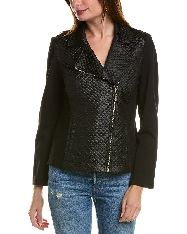Anne Klein Asymmetric Moto Jacket Denim Fabric Leather Fabric Suede Fabric