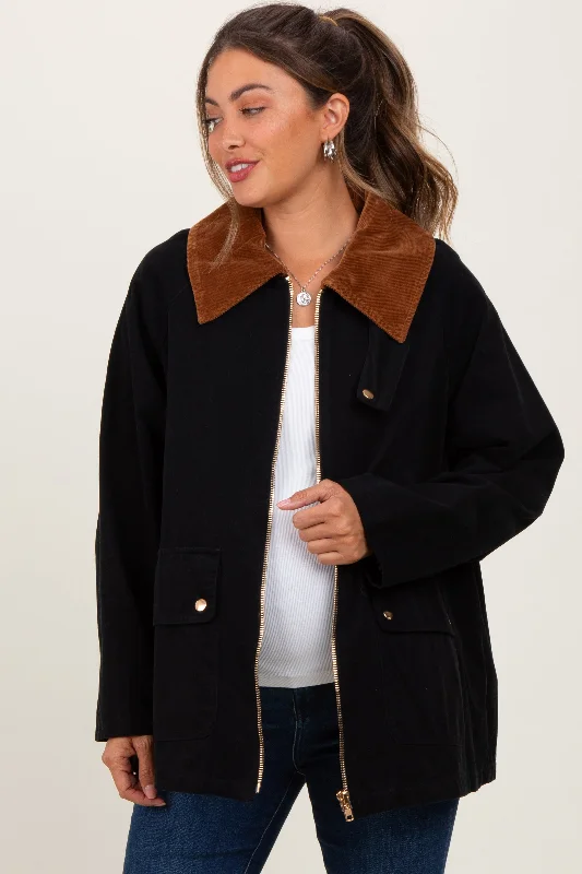 Black Gingham Lined Maternity Zipper Jacket Notch Collar Peter Pan Collar Cowl Neck