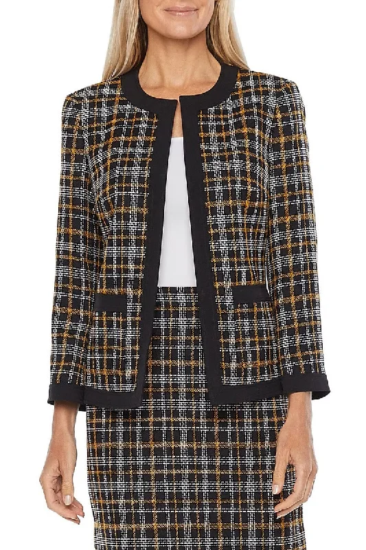 Black Label by Evan Picone Open Front 3/4 Sleeve 2 Front Slip Pockets Plaid Woven Jacket Front Pockets Side Pockets Patch Pockets Black Label by Evan Picone Open Front 3/4 Sleeve 2 Front Slip Pockets Plaid Woven Jacket Front Pockets Side Pockets Patch Pockets
