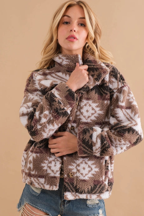 BROWN AZTEC MOCK NECK JACKET Fleece Fabric Down Fabric Feather Fabric