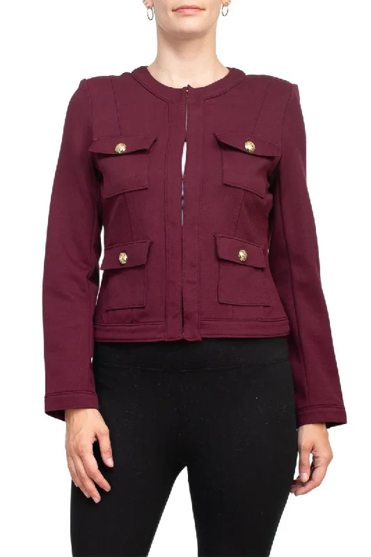 Carmen Marc Valvo crew neck long sleeve hook closure woven knit jacket with pockets Fleece Jacket Down Jacket Parka Carmen Marc Valvo crew neck long sleeve hook closure woven knit jacket with pockets Fleece Jacket Down Jacket Parka