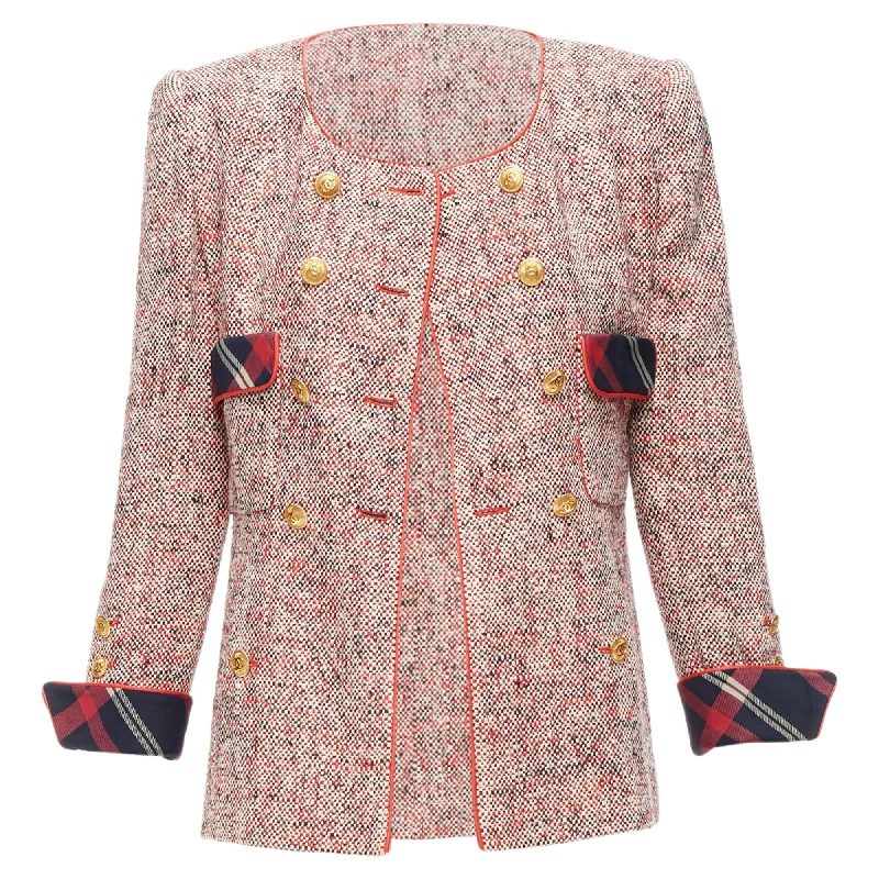 Chanel Red Boucle Tweed Gold Button Double Breast Blazer Jacket Notch Collar Jacket Peter Pan Collar Jacket Cowl Neck Jacket Chanel Red Boucle Tweed Gold Button Double Breast Blazer Jacket Notch Collar Jacket Peter Pan Collar Jacket Cowl Neck Jacket
