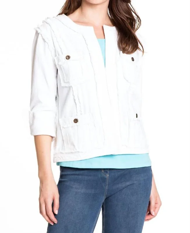 Fringe Trim Jacket In White Snapped Jacket Toggled Jacket Drawstring Jacket