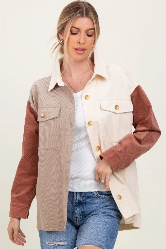 Ivory Corduroy Colorblock Oversized Shirt Jacket Embroidered Jacket Appliqued Jacket Beaded Jacket