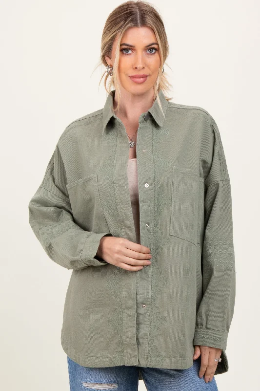 Light Olive Embroidered Snap Button Shirt Jacket Faux Fur Jacket Real Fur Jacket Shearling Jacket Light Olive Embroidered Snap Button Shirt Jacket Faux Fur Jacket Real Fur Jacket Shearling Jacket