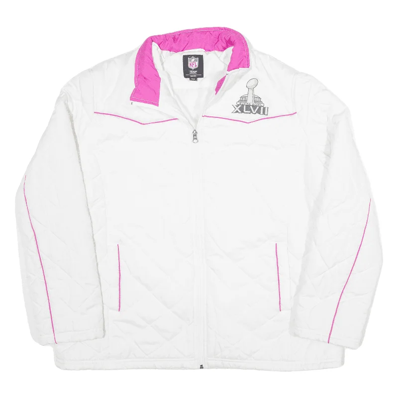 NFL Super Bowl 46 New Orleans 2013 Quilted USA Jacket White Womens 2XL One-Shoulder Jacket Off-the-Shoulder Jacket Asymmetrical Jacket NFL Super Bowl 46 New Orleans 2013 Quilted USA Jacket White Womens 2XL One-Shoulder Jacket Off-the-Shoulder Jacket Asymmetrical Jacket