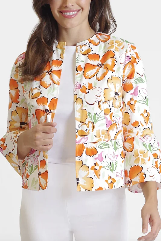 Peace Of Cloth Open Front Flounce 3/4 Sleeve and Waist Floral Print Crepe Jacket Stand-Up Collar Roll-Neck Collar Turtle Neck