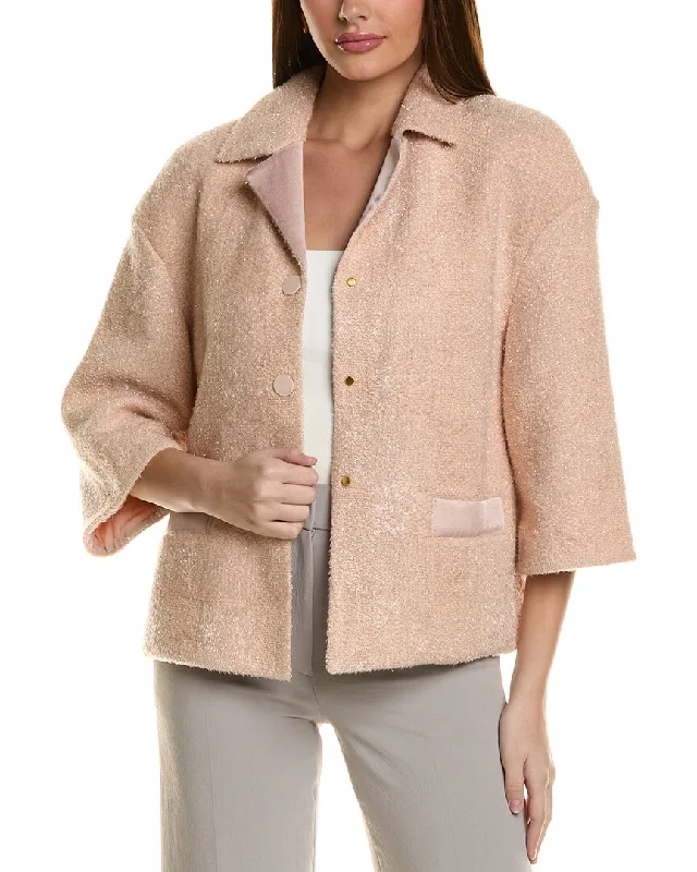ST. JOHN JACKET-GINGHAMEYELASHTWEEDKNIT Wool Fabric Cashmere Fabric Tweed Fabric