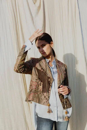 T.ba Jazz Jacquard Jacket A-Line Jacket Boat Neck Shawl Collar