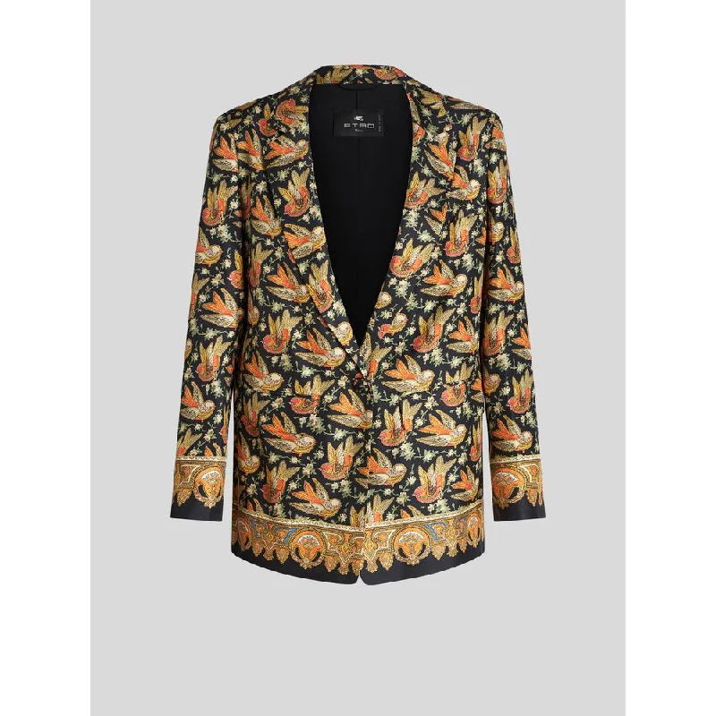 Twill Jacket With Printed Birds Wool Jacket Cashmere Jacket Tweed Jacket