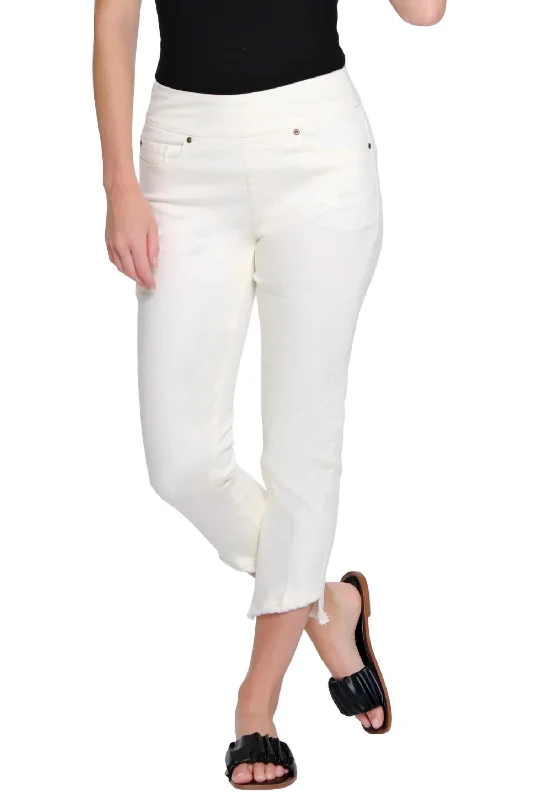 5 Pocket Angled Fringe Hem Jeans In Ivory Chic Cropped Jeans
