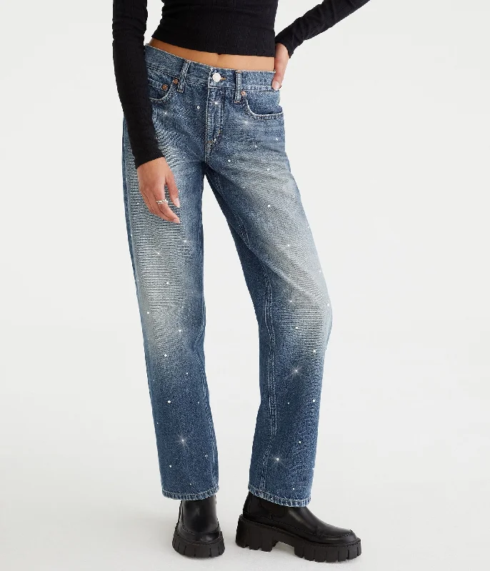 Aeropostale Low-Rise Embellished Baggy Jean Trendy Pleated Waist Jeans