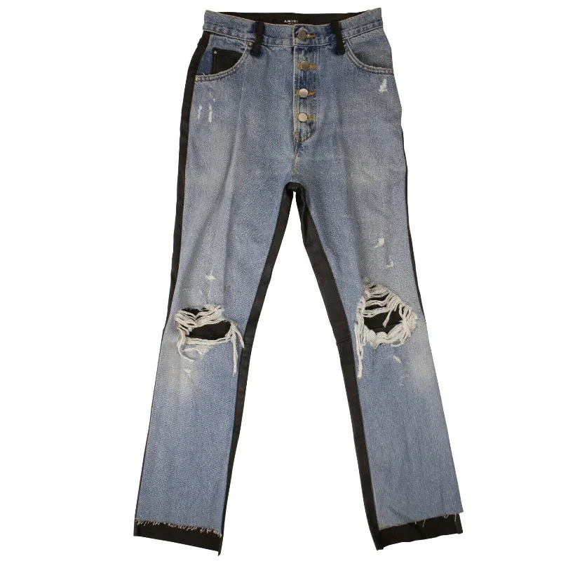 Amiri Denim Leather Jeans- Blue/Black Fashionable Slim Fit Jeans