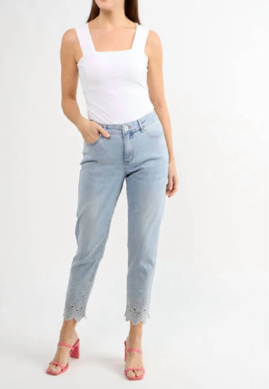 Button Front Jeans With Floral Cutouts And Bling In Light Blue Casual Straight-Leg Jeans Button Front Jeans With Floral Cutouts And Bling In Light Blue Casual Straight-Leg Jeans