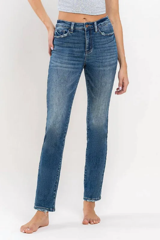 Jeanne High Rise Straight Jeans In Med Wash Comfortable Full-Length Denim Jeans
