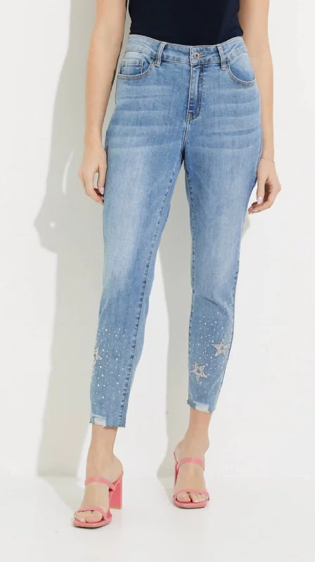 Star Bling Lower Leg Jeans In Medium Blue Trendy Button-Up High-Waist Jeans