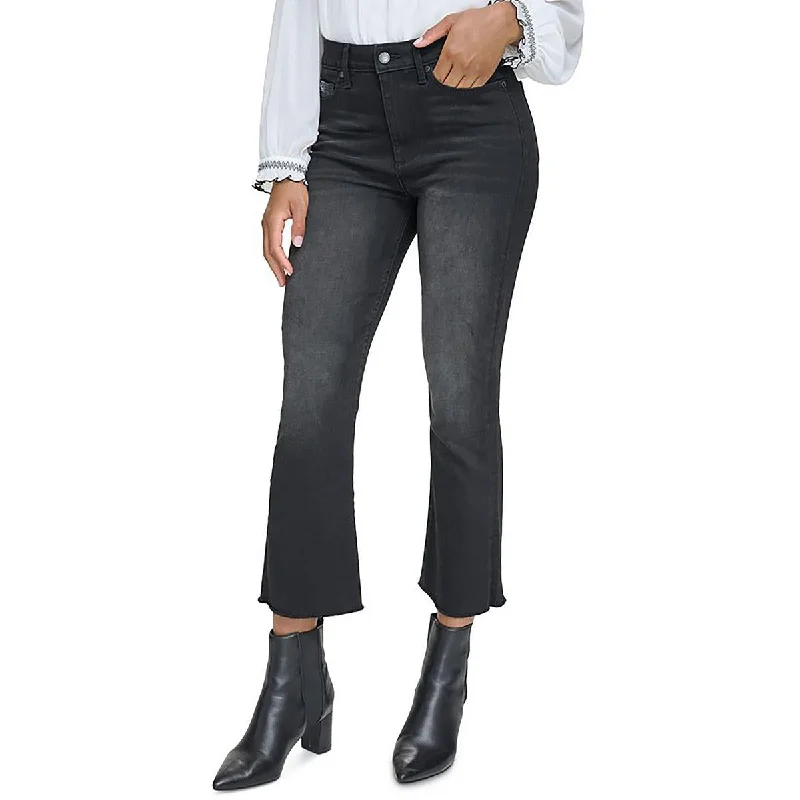 Womens Logo Print Cropped Skinny Jeans Fashionable Frayed Hem Denim