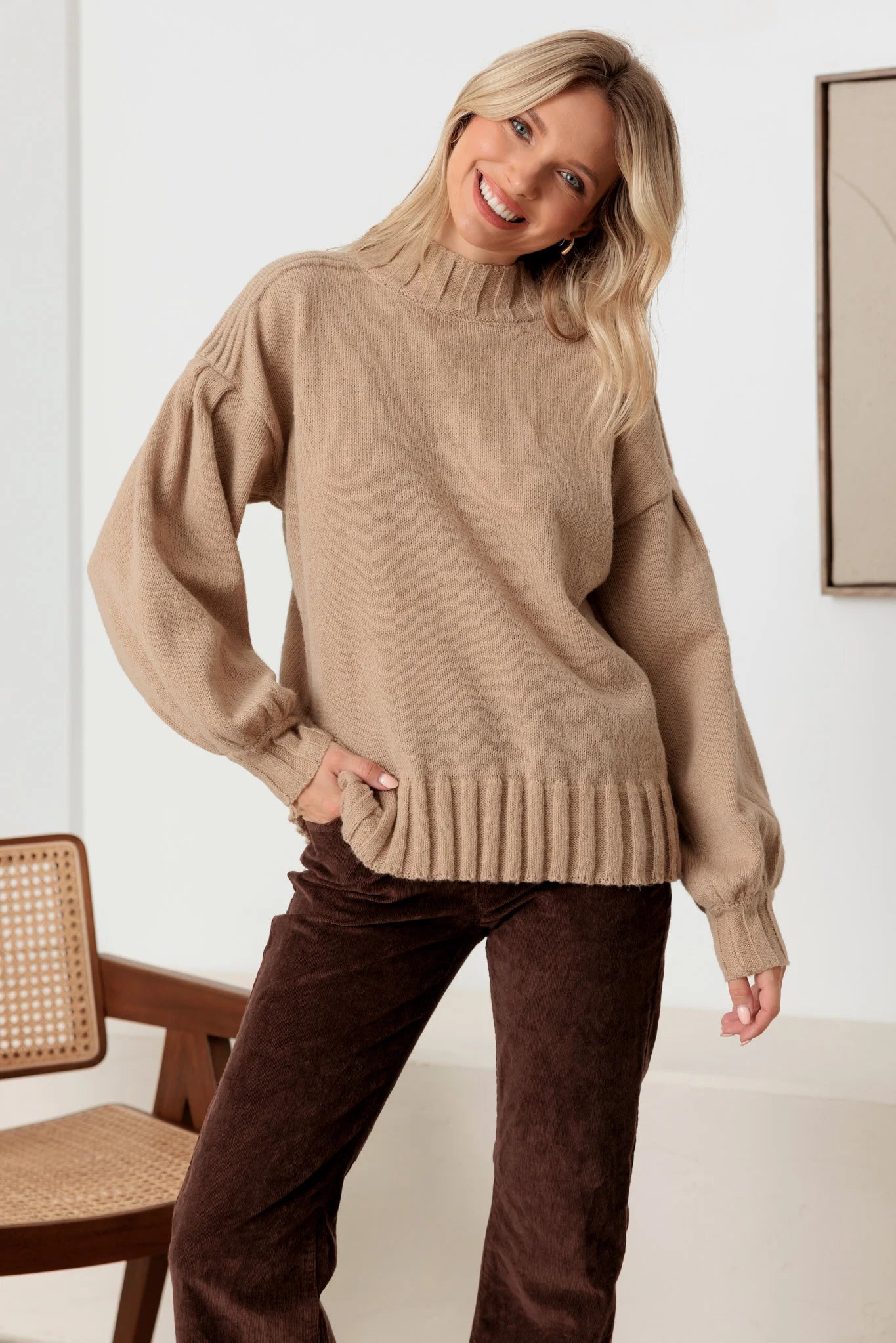 Knit Crew Neck Long Puff Sleeve Sweater Hooded Caped Shawl Collar