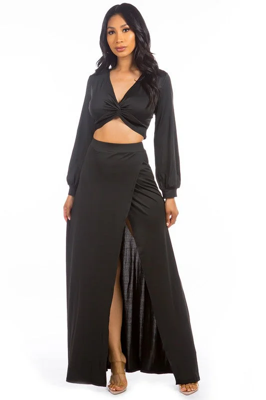 Sexy Two Piece Crop Top And Skirt Set silk skirt lustrous