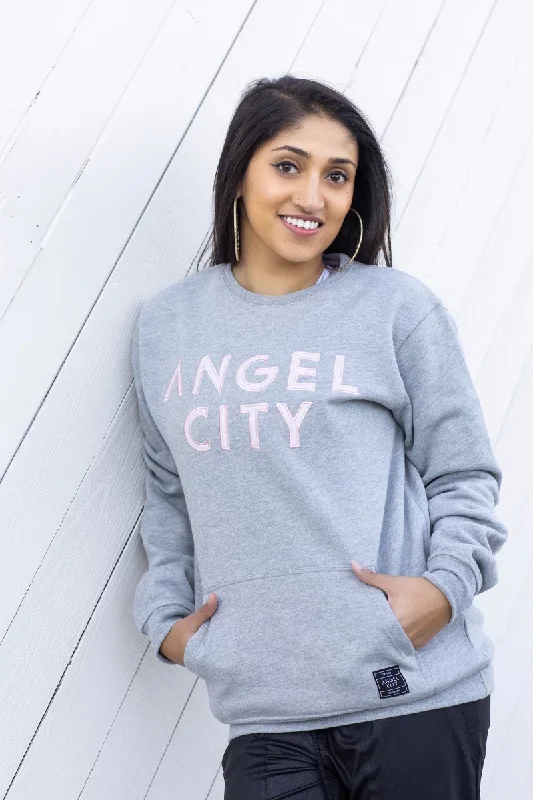 Angel City FC Unisex Embroidered Felt Wordmark Grey Crewneck Sweater Mesh Blend Leather Blend Suede Blend Angel City FC Unisex Embroidered Felt Wordmark Grey Crewneck Sweater Mesh Blend Leather Blend Suede Blend