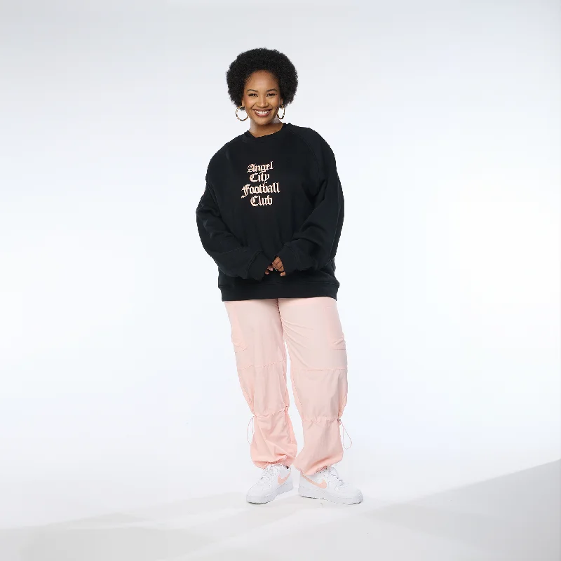 Angel City FC Unisex Old English Black Oversized Crewneck Sweater Solid Color Striped Floral Print Angel City FC Unisex Old English Black Oversized Crewneck Sweater Solid Color Striped Floral Print