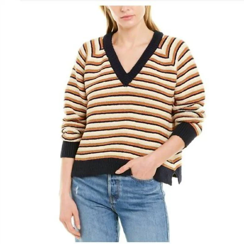 Arden Pullover V-Neck Cotton Stripe Sweater In Navy, White, Yellow Velvet Chenille Corduroy