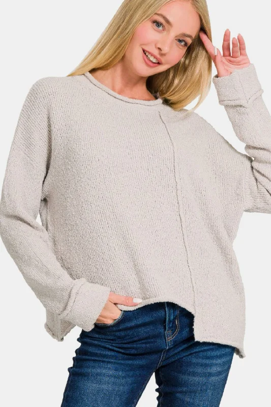 Asymmetric Hem Drop Shoulder Sweater Striped Floral Plaid
