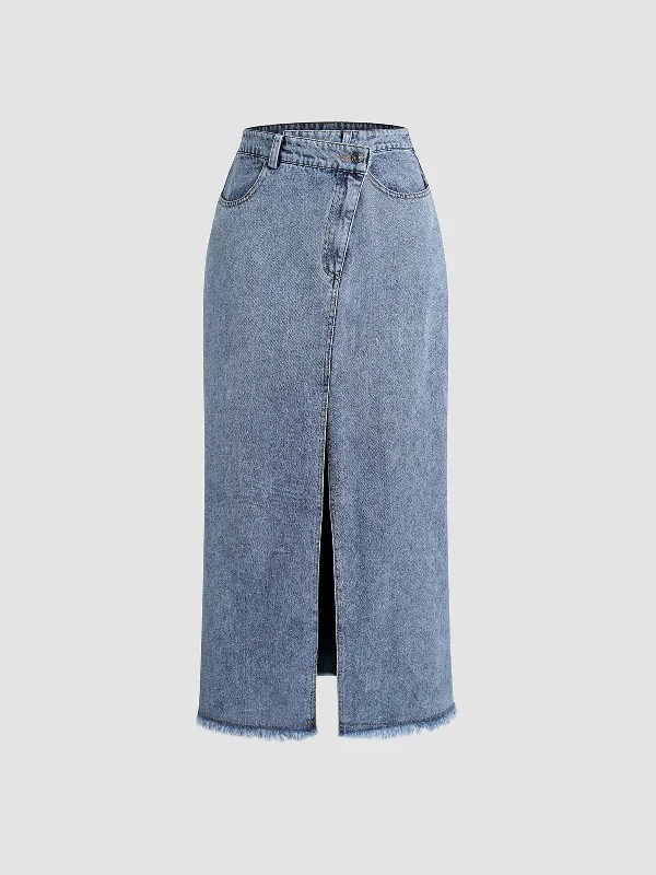 BerryBetty - Asymmetrical Button Pockets Slit Denim Maxi Skirt belted skirt waist