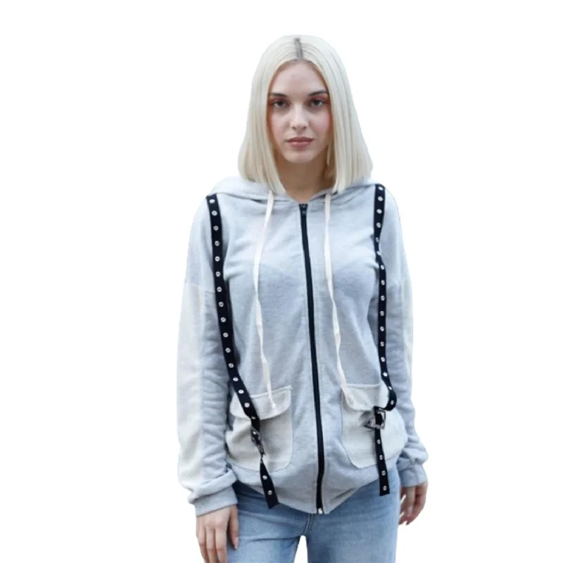 Belt & Reversed Details Zip-up Hooded Sweater Stylish Fashionable Trendy